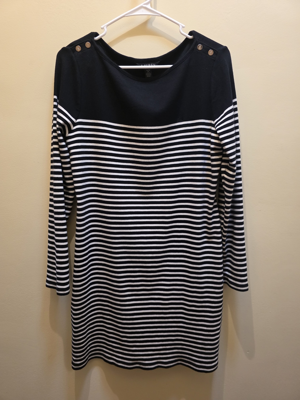 Lauren Black and White Striped Boatneck Dress with Shoulder Buttons SizeL
